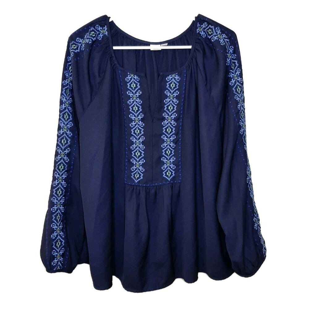 GAP Blouse Navy Blue Women Size XXL Peasant Embroidered Split Neck Long Sleeve
